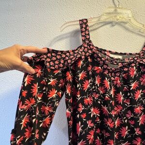 Maurices Black Floral Cold-Shoulder Top with Pink Blossoms